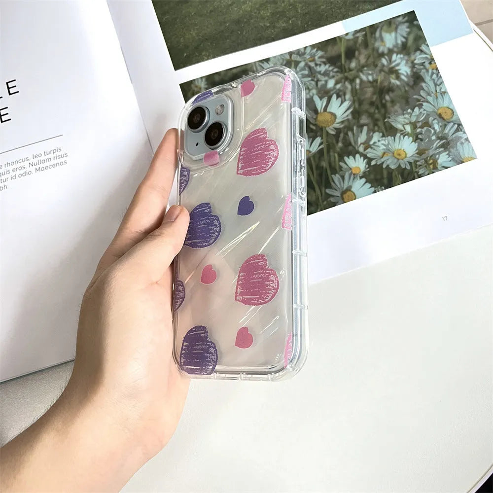 Transparent iPhone case with pink and blue heart design, TPU all-inclusive cover with fall protection and sprayed finish