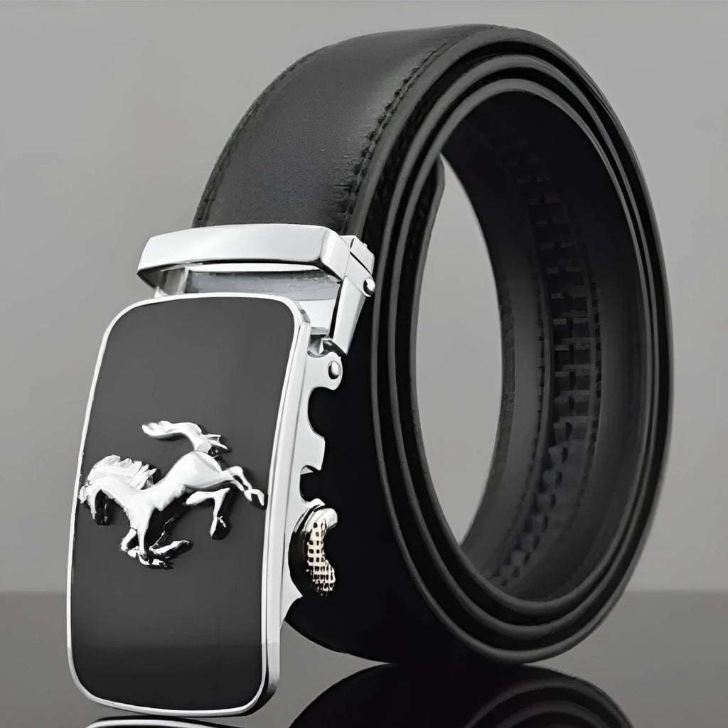 Black men's automatic buckle leather belt with a 3.5cm width, showing the buckle mechanism and leopard print design.