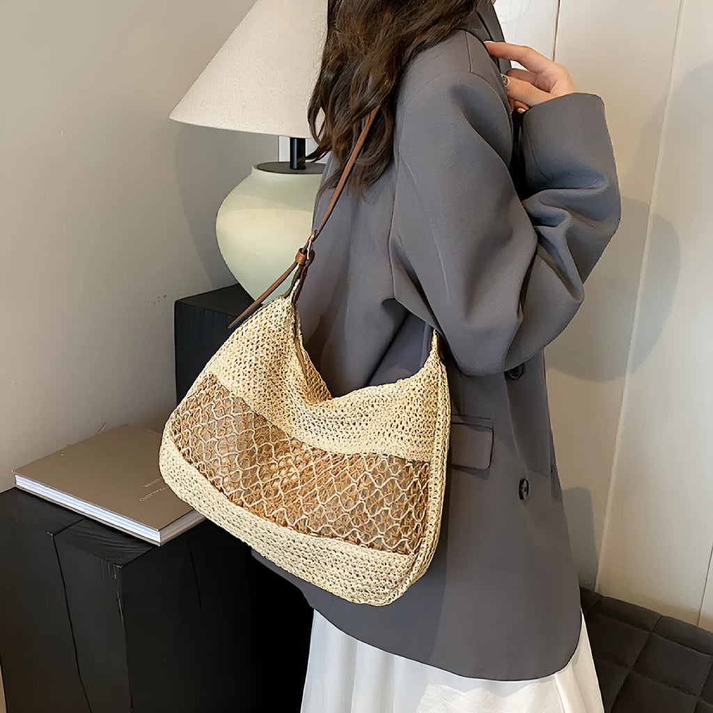 Women's straw cross body bag in horizontal square shape with sandwich pocket, khaki colour option