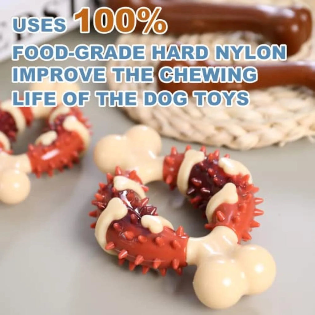 A natural rubber bone-shaped dog molar chew toy for teeth cleaning, shown in two sizes.