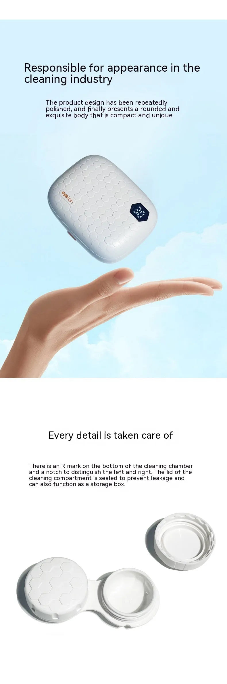 Electric ultrasonic cleaning machine body for invisible glasses in plastic with 85x65x30mm dimensions available in Pearl White Blue and Pink