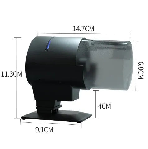 Black automatic aquarium fish feeder with 210ml silo, plastic body, 2 No. 5 battery power