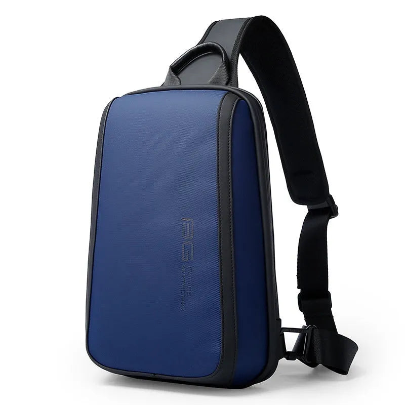 Men's blue Oxford cloth chest bag with double shoulder straps showing 33x21x10cm dimensions