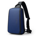 Men's blue Oxford cloth chest bag with double shoulder straps showing 33x21x10cm dimensions