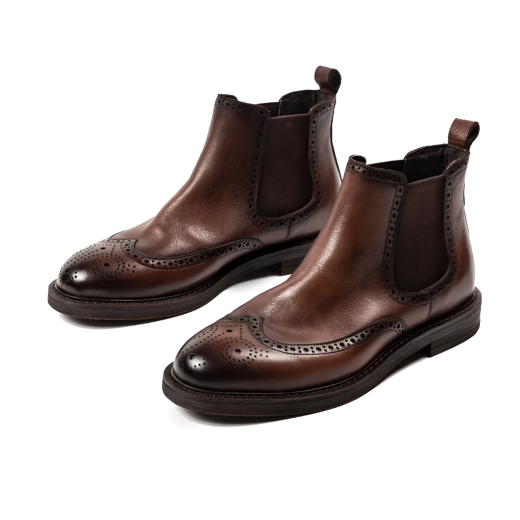 Men's Chelsea boots with brogue carved genuine leather upper in black or curry, rubber sole, 3-5cm heel