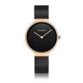 Women's quartz watch with stainless steel mesh belt and 7.8mm thin case, available in silver, gold or rose gold tone