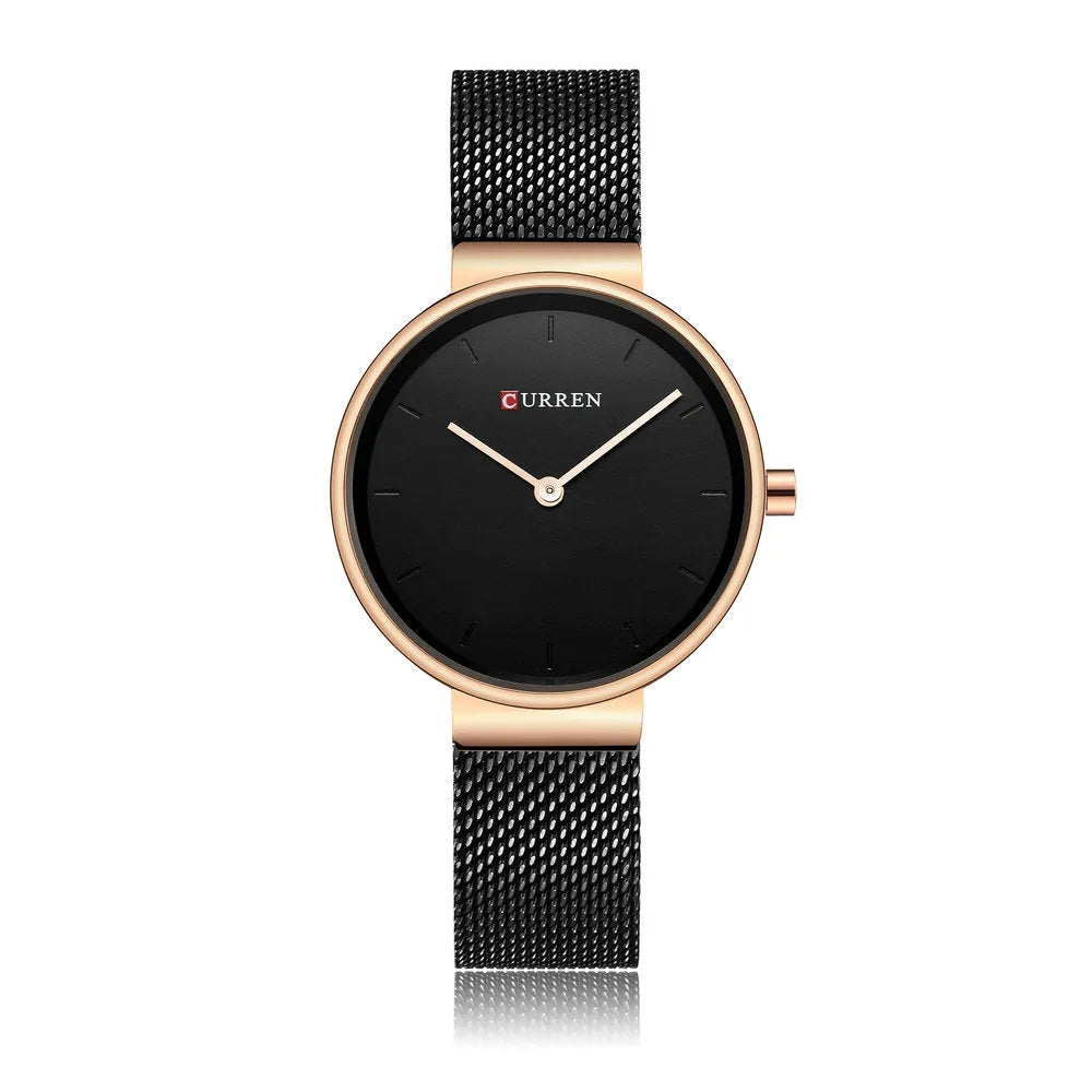 Women's quartz watch with stainless steel mesh belt and 7.8mm thin case, available in silver, gold or rose gold tone