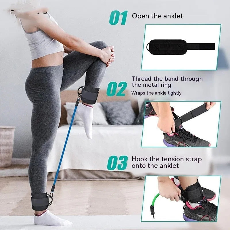 TPE resistance band set with three tension levels and ankle loops for leg exercises