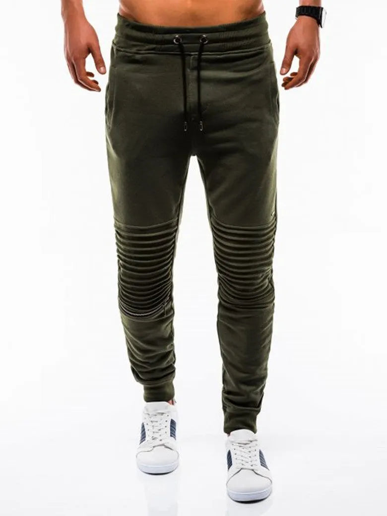 Men's cotton blend folding casual trousers, straight leg, mid waist, ribbed hem, grey black navy army green