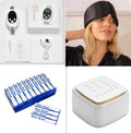 White handheld remote control sleep aid device with attached charging cable and wearable wrist bracelet.