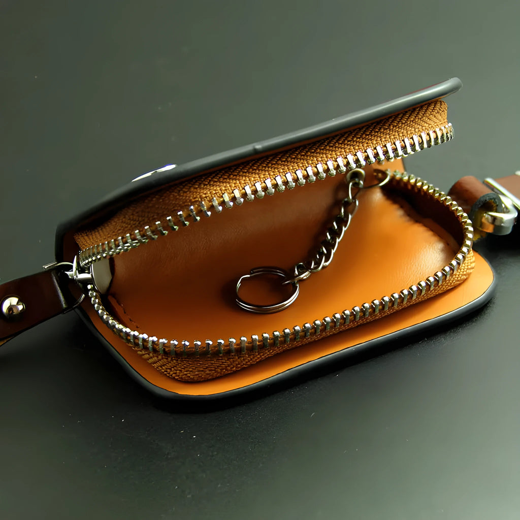 Black and brown genuine leather car key case with zipper closure showing inner dimensions