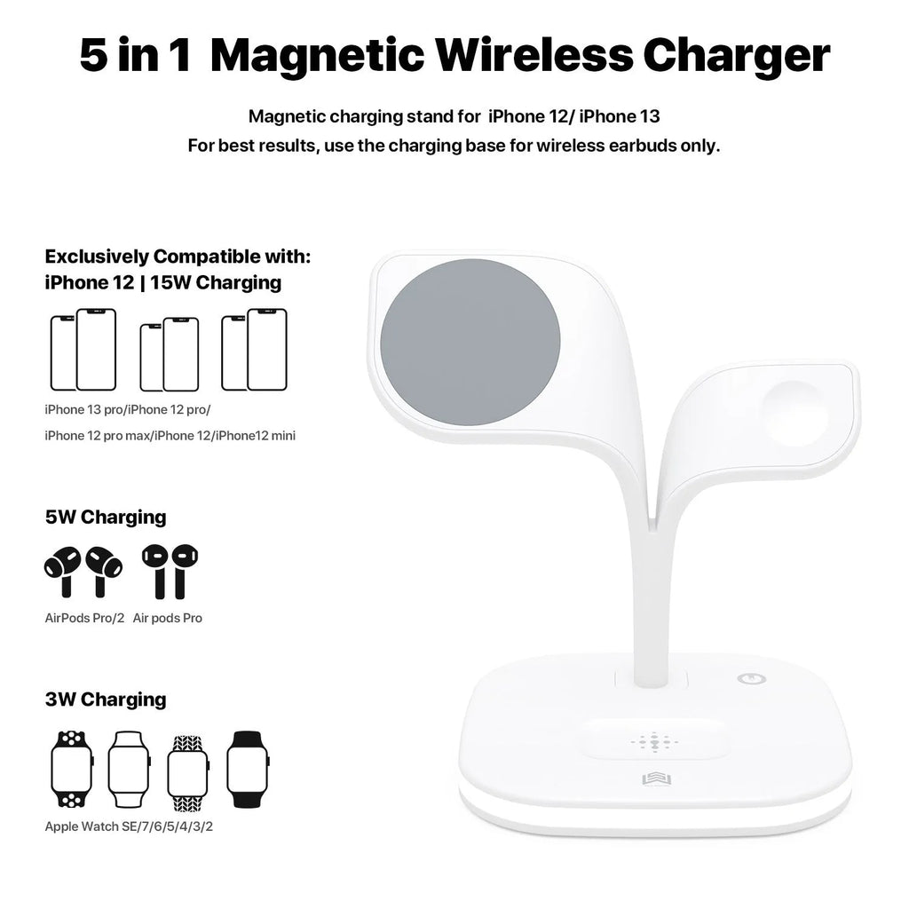 Black wireless charging desk stand showing phone, watch, and headphones charging simultaneously
