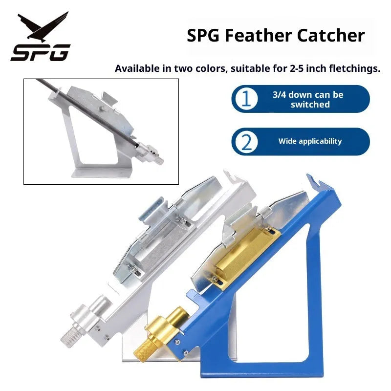 SPG stainless steel fletching jig in blue or silver for arrow bonding and DIY fletching.