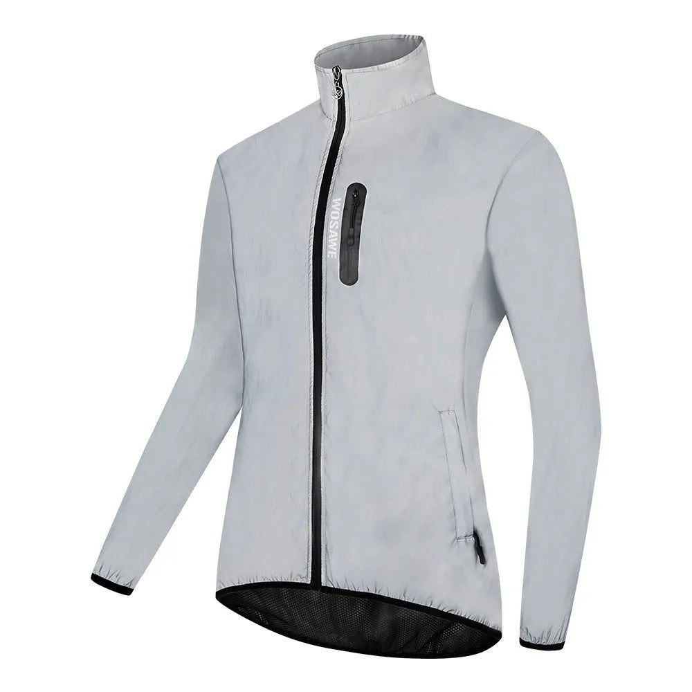 Silver waterproof polyester long sleeve top for men on a hanger.