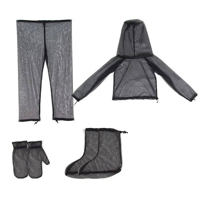 Unisex mesh anti mosquito suit four-piece set including hooded top, pants, and booties for outdoor camping.