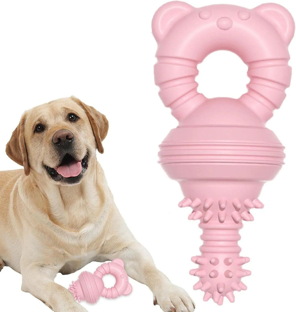Blue rubber dog chew toy with textured surface and bell feature for teeth cleaning and play