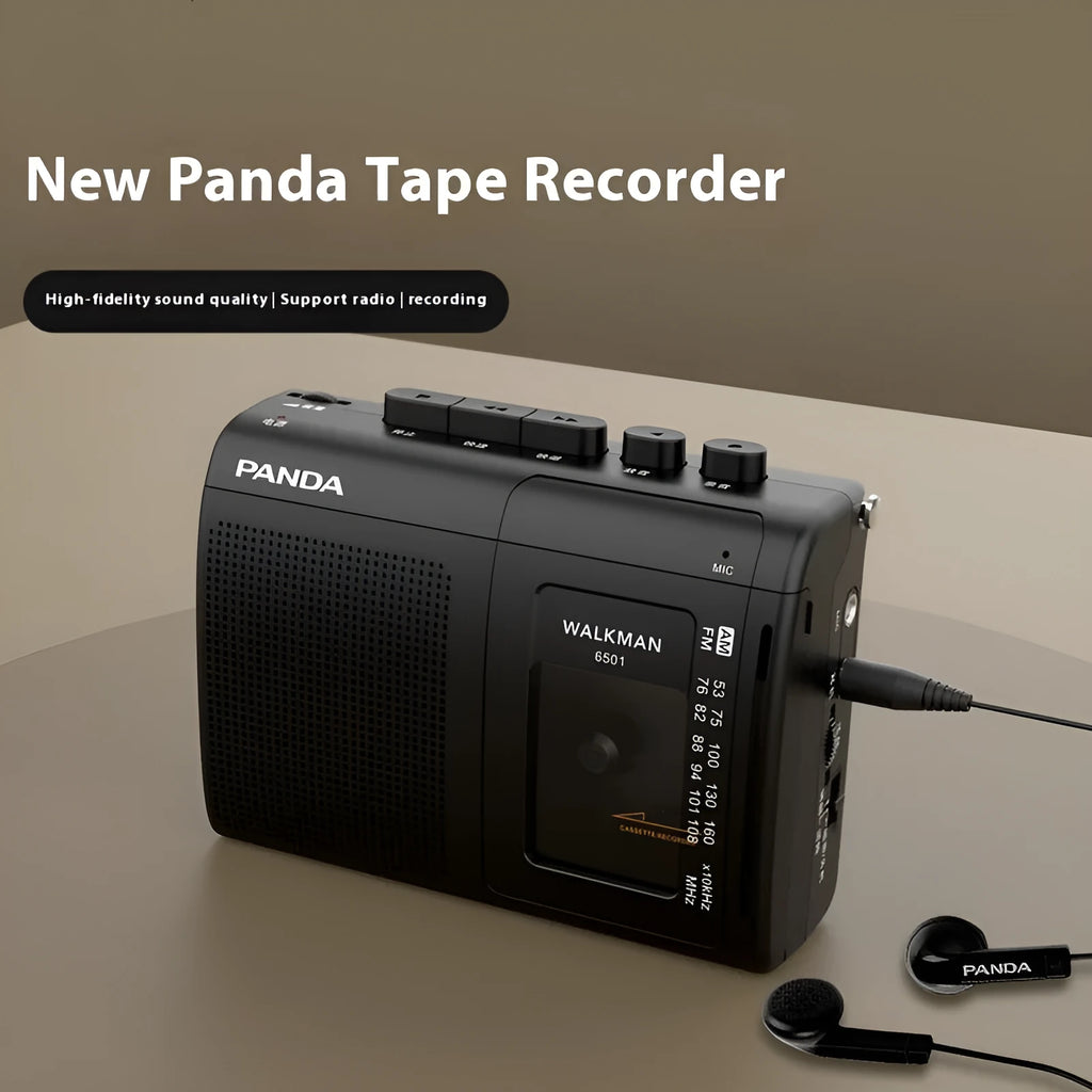 Black 6501 tape Walkman cassette player recorder with FM radio, 124 x 92 x 40mm, with headphones and power cord