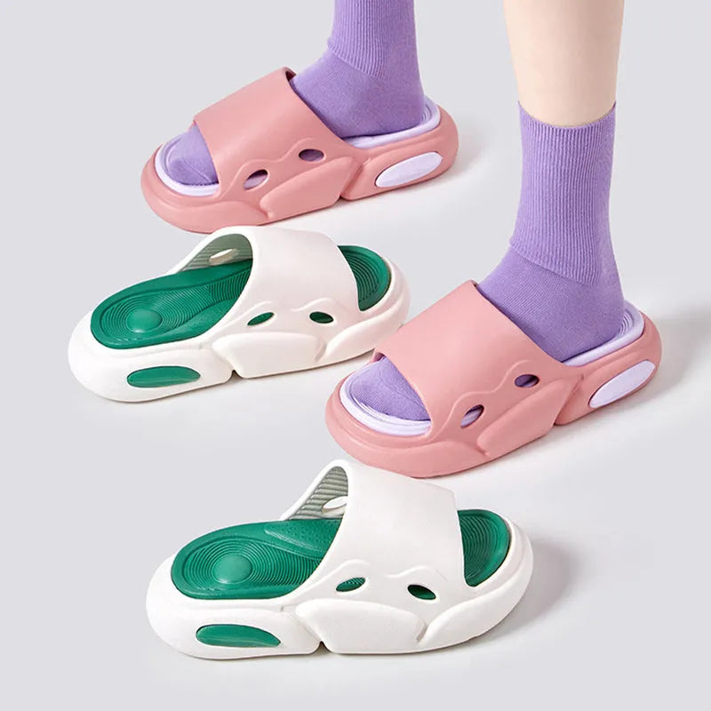 EVA thick-soled two-colour slippers for couples with leather lining shown in pink purple, white green, and black white colour options.