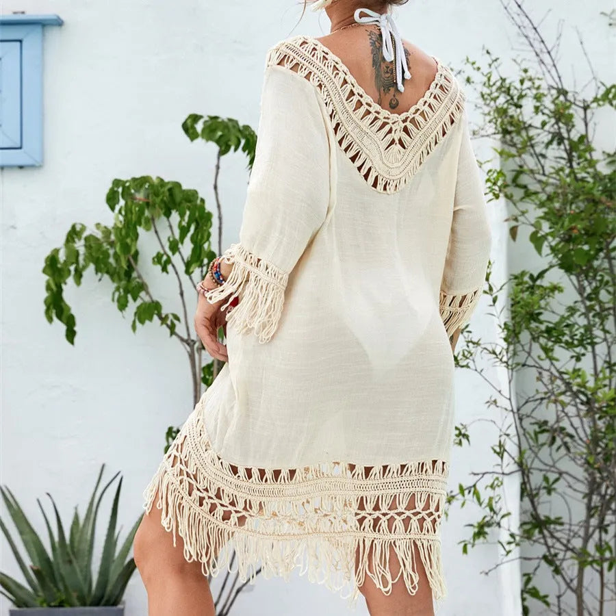 Apricot crocheted patchwork beach dress with splicing details and half sleeves