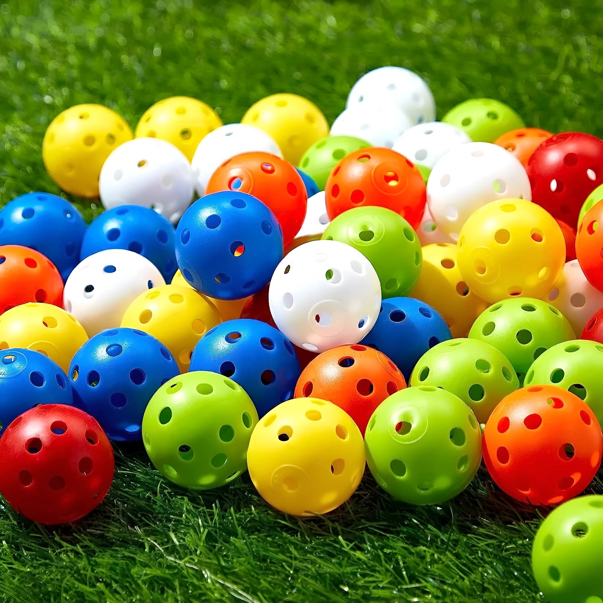 Multi-coloured 26-hole golf practice balls showing red, blue, green, orange, white and yellow options