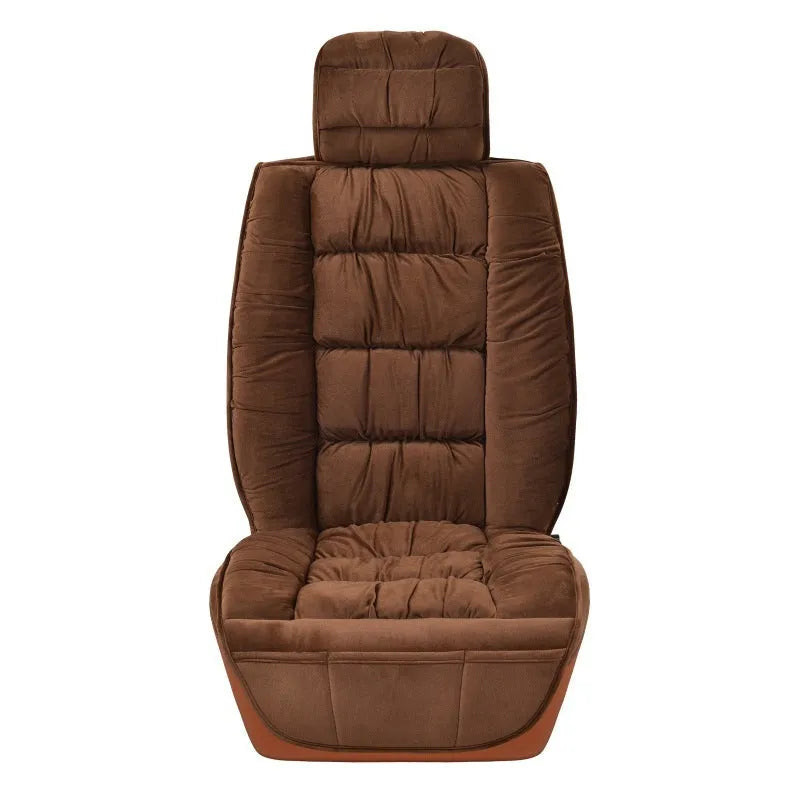 Plush winter car seat cushion shown in a grey set, with soft texture and fitting on a car seat.