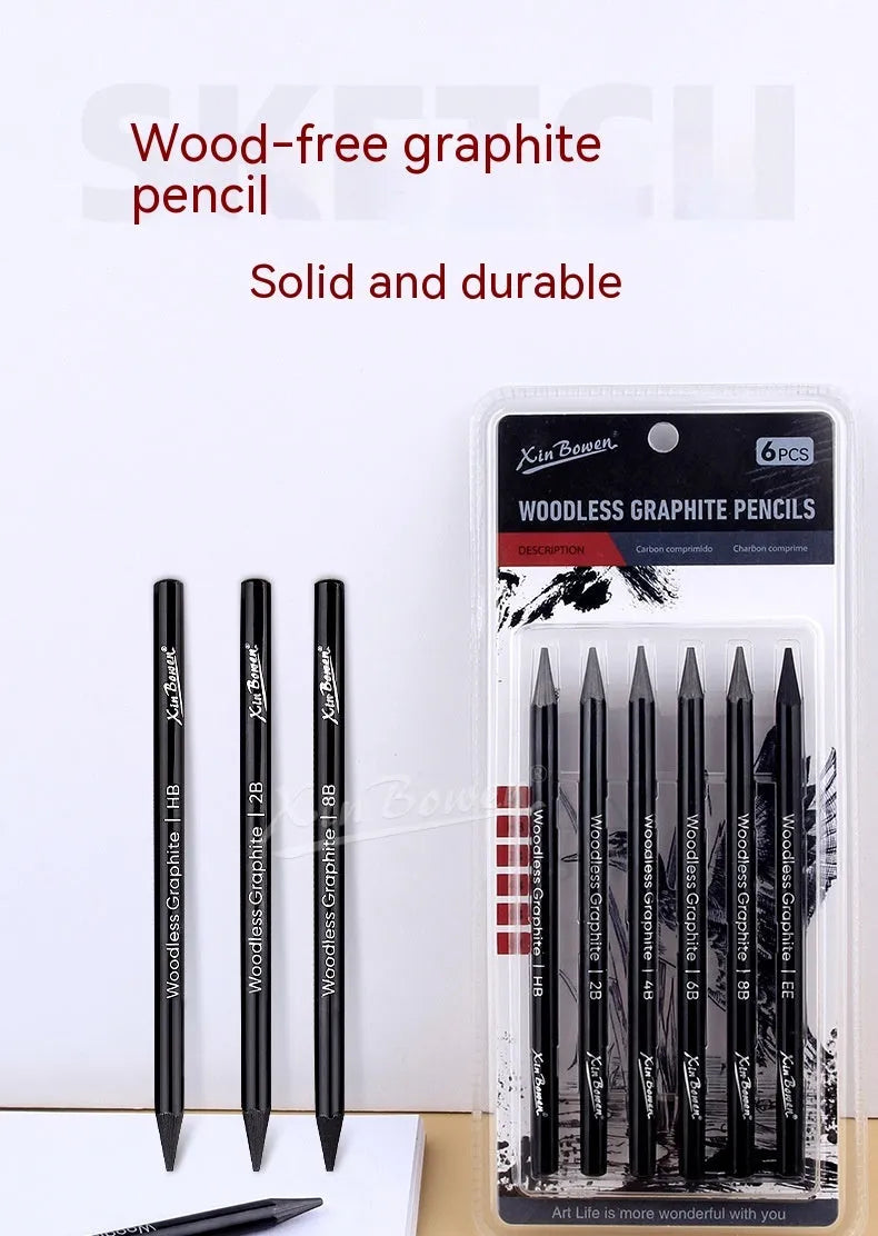 Set of six wood-free graphite sketching pencils with grades HB 2B 4B 6B 8B EE for art drawing