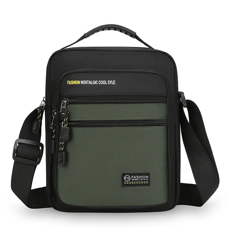 Men's nylon crossbody bag in solid colour with crossbody strap and storage compartments.