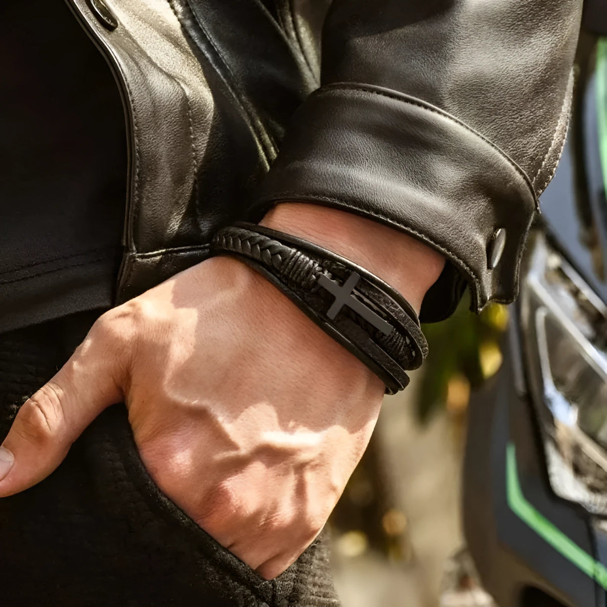 Men's stainless steel cross bracelet with leather band and plated finish, shown in steel and black colour options
