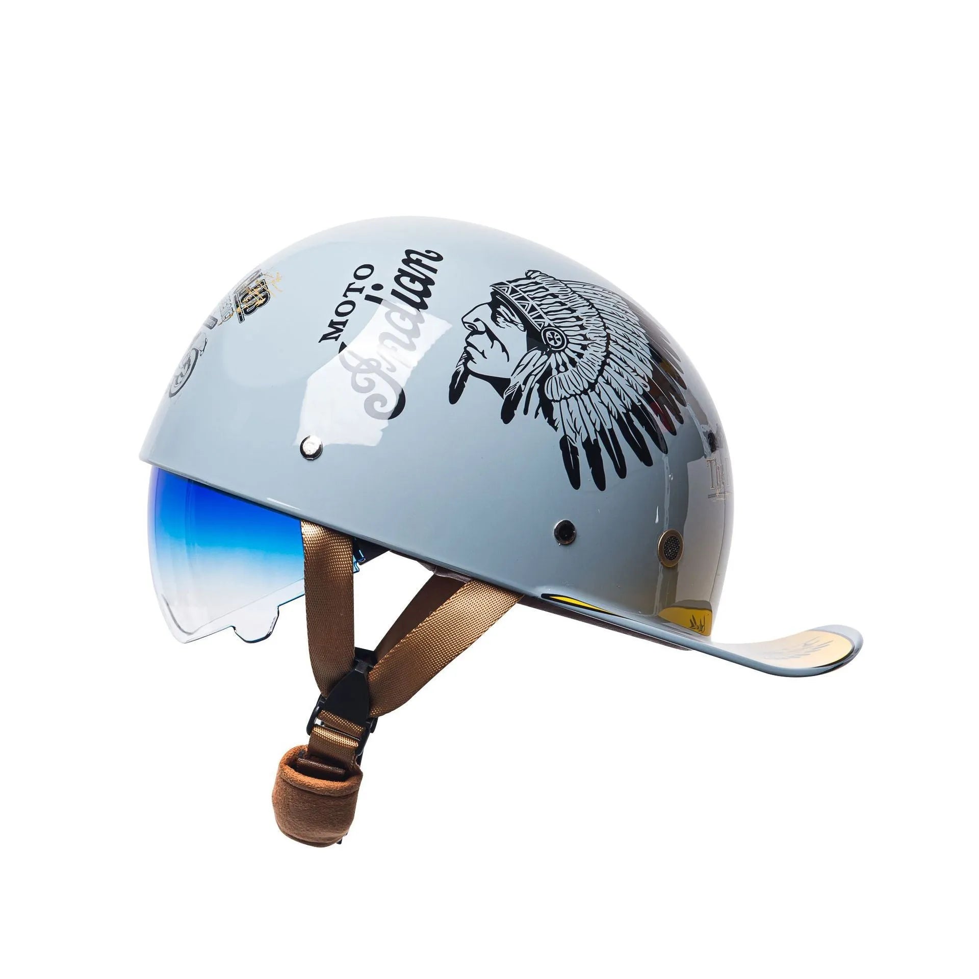 Retro half helmet for electric bicycles with bright black-gradient blue lens