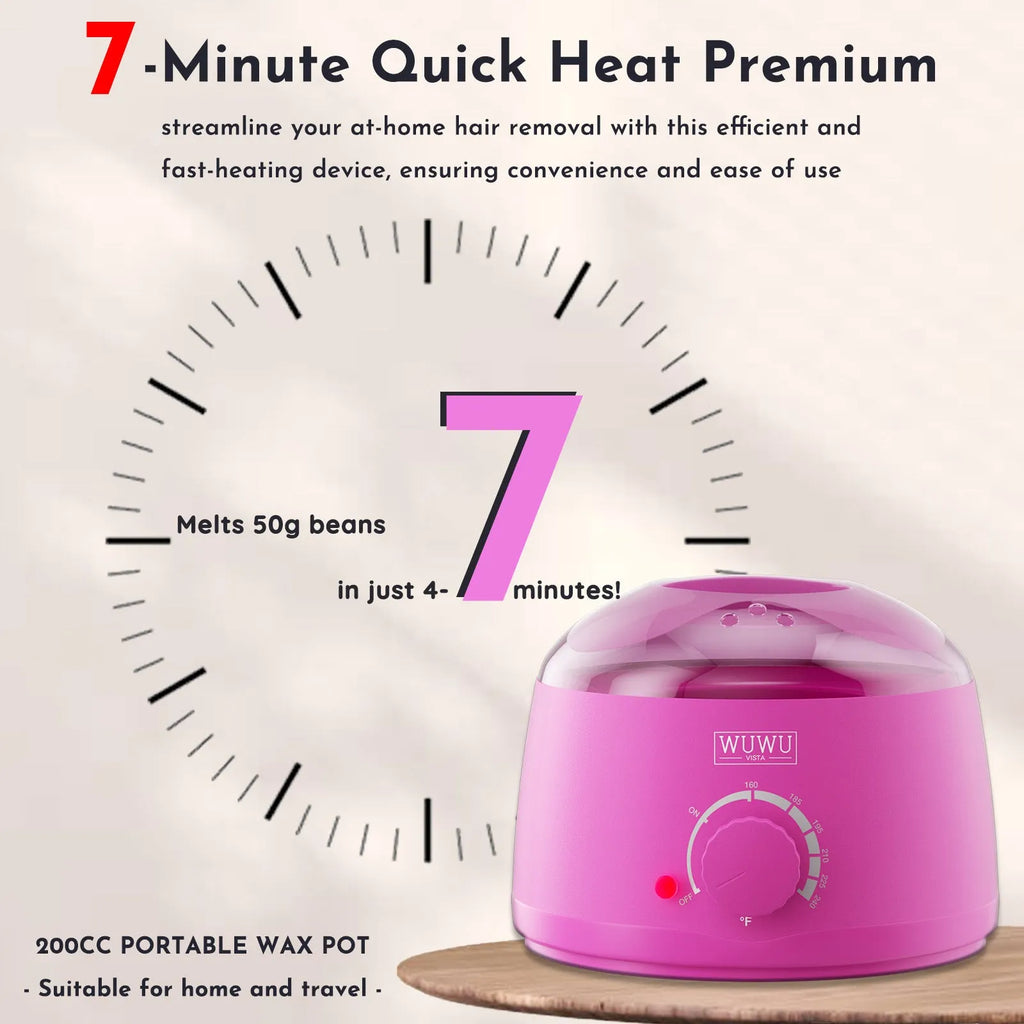 27-piece hair removal wax kit showing four coloured wax beads, a wax warmer machine, and application sticks