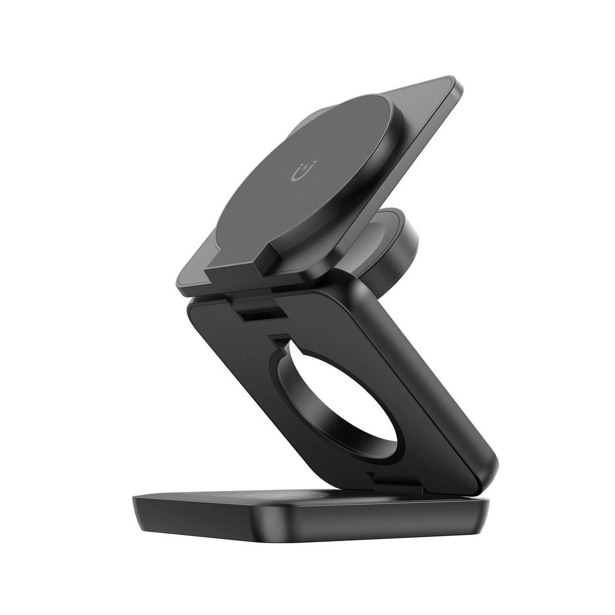 White foldable magnetic wireless charging phone holder showing adjustable stand with phone attached