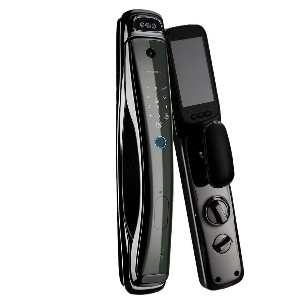Face recognition intelligent security door lock with WiFi, 6068 lock body, and 4200mAh lithium battery in black finish