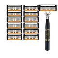 Black manual shaver handle with six-layer cutter head and various blade refill packs