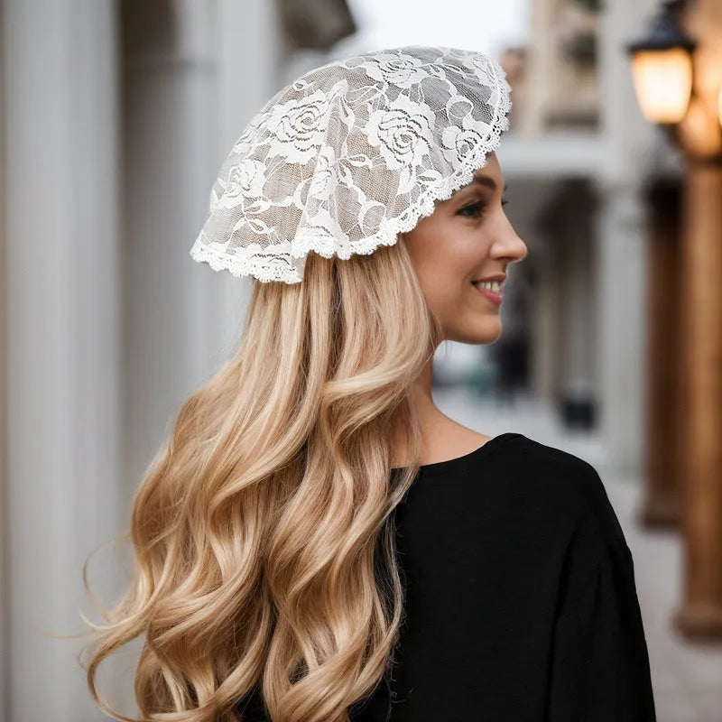 Round floral bridal head covering accessory with 30cm diameter in black or white polyester