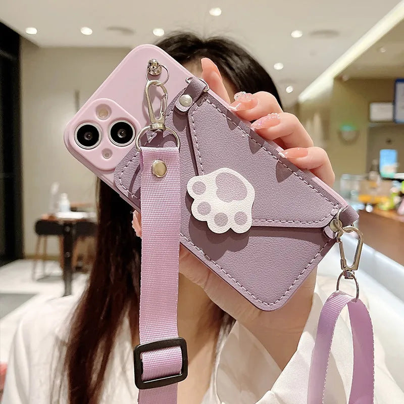 Cat's Paw TPU crossbody phone case drop-proof protector in black for iPhone