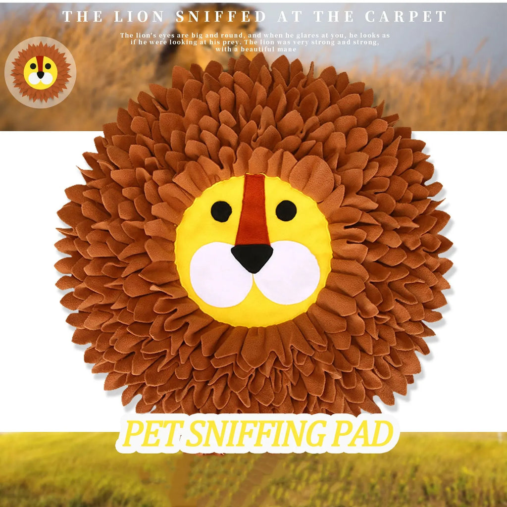 Brown lion design pet sniffing pad with textured fleece surface for hiding food