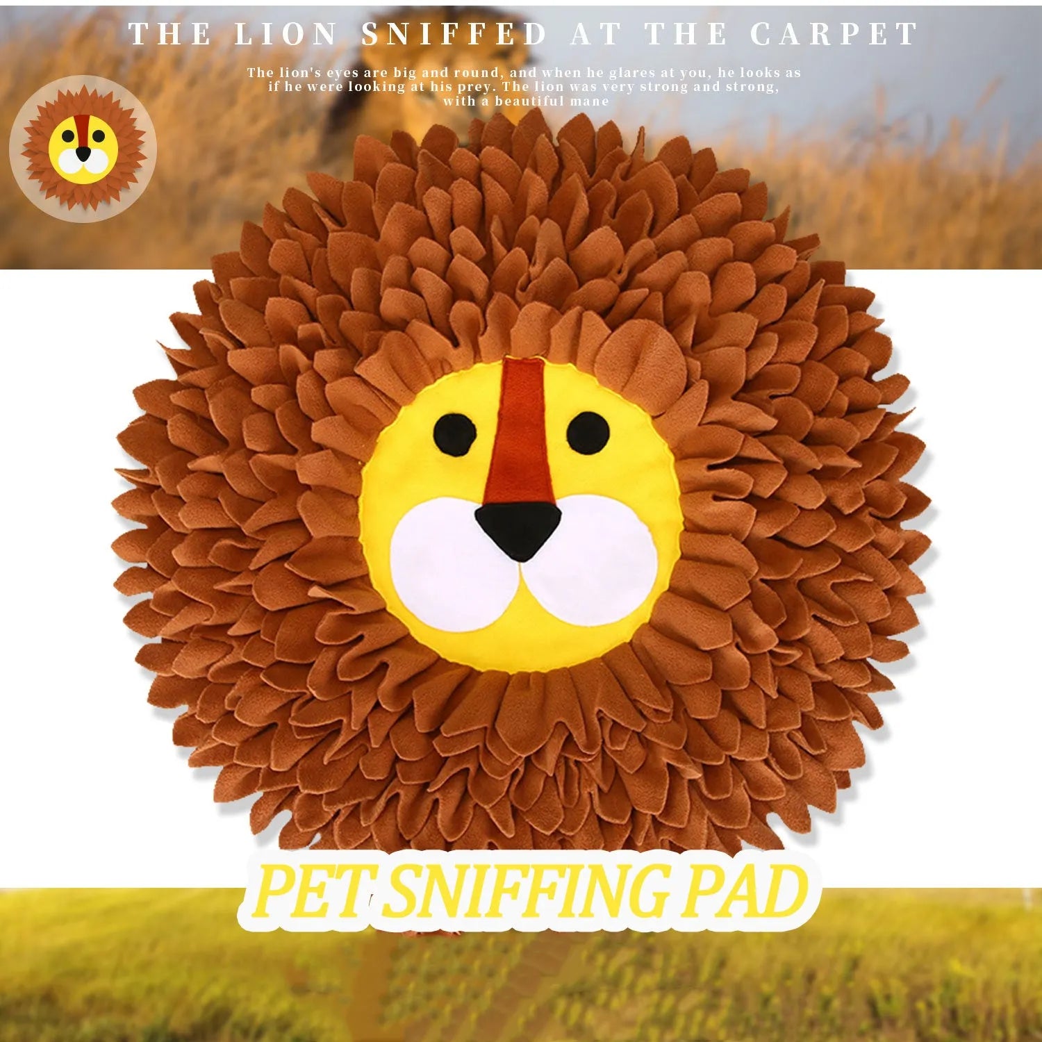Brown lion design pet sniffing pad with textured fleece surface for hiding food