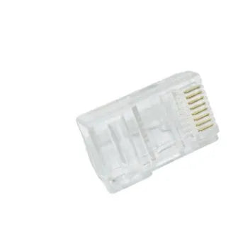 White RJ45 network modular plug with gold-plated three-fork contacts, supplied in 1000-unit bulk pack