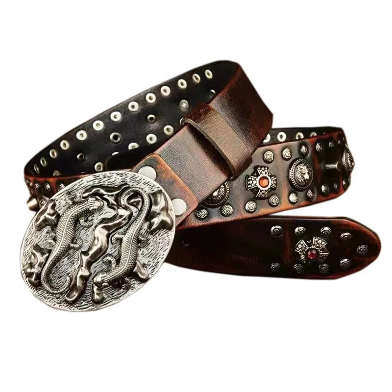 Men's genuine leather belt with an alloy buckle in retro black, shown with a length measurement.