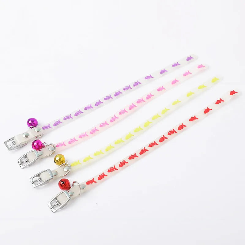 Luminous cat collar with adjustable silicone chain showing fishbone pattern design and metal bell