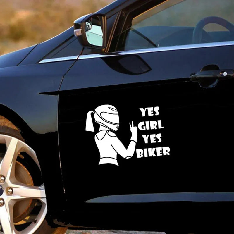 Cool girl rider character car waterproof sticker measuring 16cm by 15cm in black, white, and laser colours.