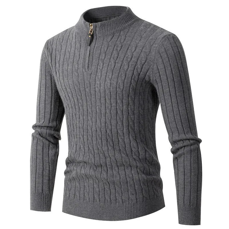 Men's thick twist gray sweater with zipper high collar jacquard knit cotton blend rabbit fur slim fit pullover