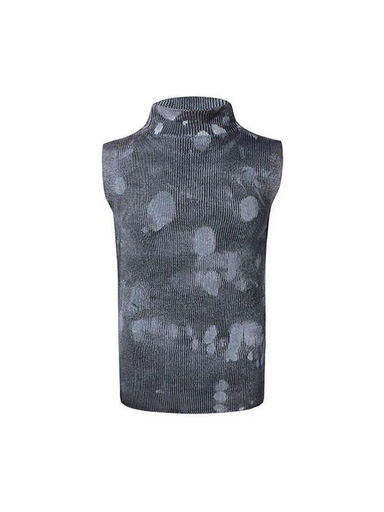 Black men's sleeveless t-shirt with silver pastebrushing texture and stand collar, showing pullover vest styling
