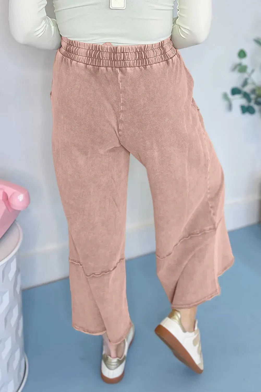 Buckskin 100% cotton terry knit cropped wide leg pants with flower patch detail, sizes S to 2XL
