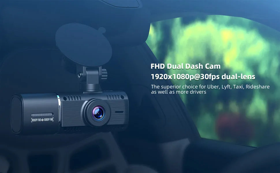 Standard black dual-channel dash camera with 1.5-inch screen on car windscreen.
