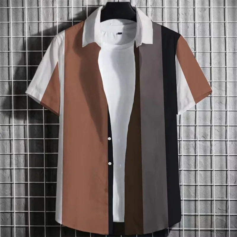 Men's linen t-shirt with 3D printed striped pattern in simple colours, showing short sleeve design