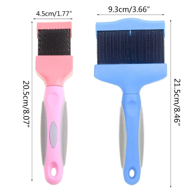 Blue and pink double-sided pet brushes showing soft bristles and stainless steel pins on a non-slip handle.