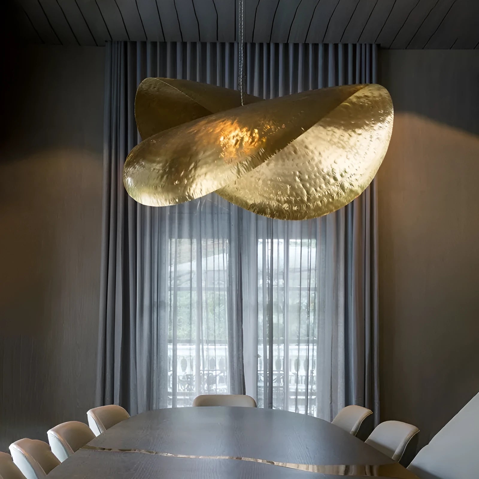 Petal Lotus Leaf bamboo hat chandelier with copper shade and iron pendant body, 45.5 cm long