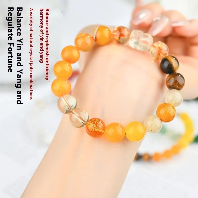 Five elements natural crystal bracelet, handmade geometric unisex design, 8mm and 12mm bead options, gold wood water fire soil colours