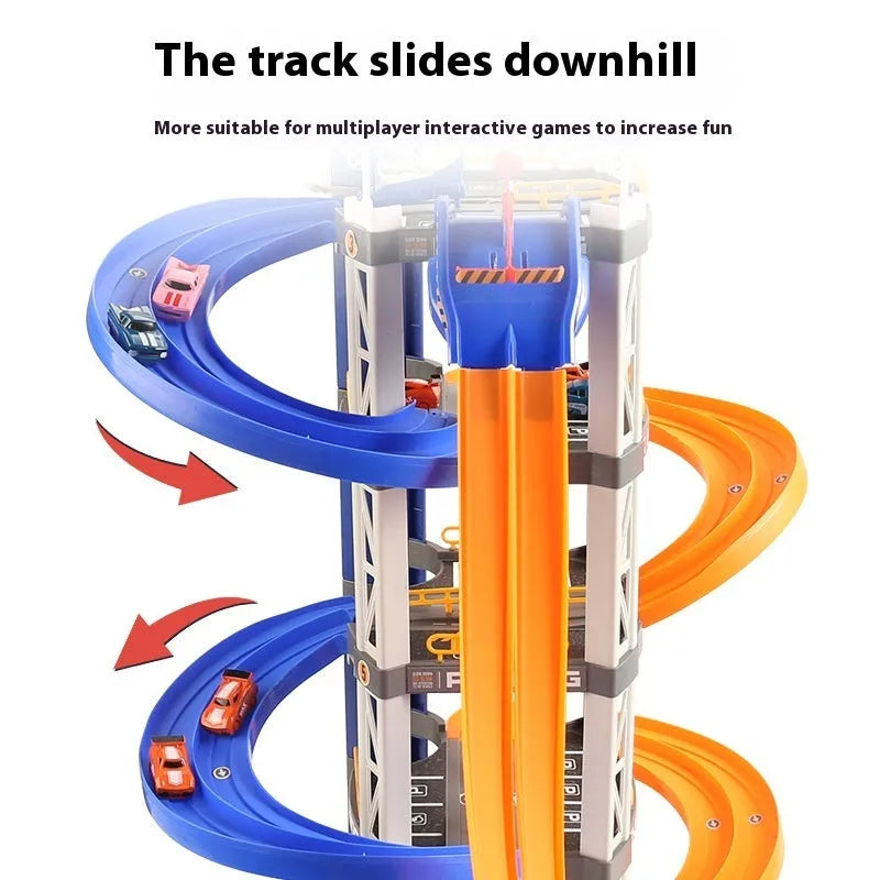 Two-lane competition 5-storey 8-car DIY parking lot track toy set in plastic for children aged 4-6